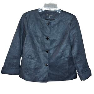 Talbots Solid Black Linen Collarless Button Front Lagenlook Minimalist Jacket 10